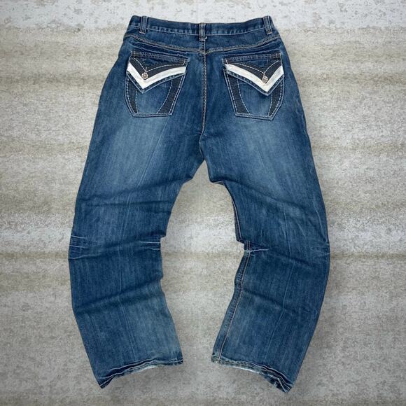 Vintage Y2K Skater Jeans 34x32 Baggy Wide Leg Blue Dark Wash Denim Embroidered - Picture 1 of 9